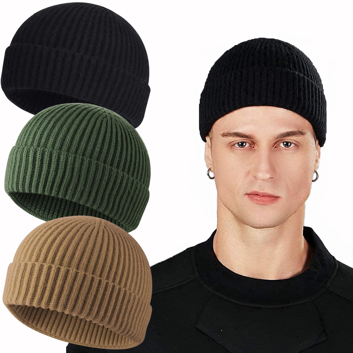 ROYBENS Swag Wool Knit Cuff Short Fisherman Beanie for Men Women, Winter Warm Hats